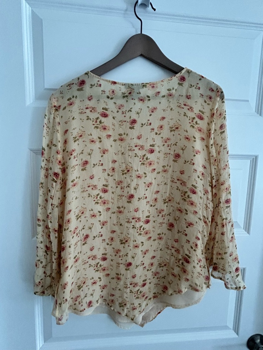 Anne Carson Silk Floral Blouse Yellow Pink Size L - Picture 11 of 13